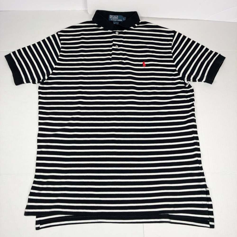 Polo Ralph Lauren Men's Black and White Striped Short Sleeve Polo Shirt Size L
